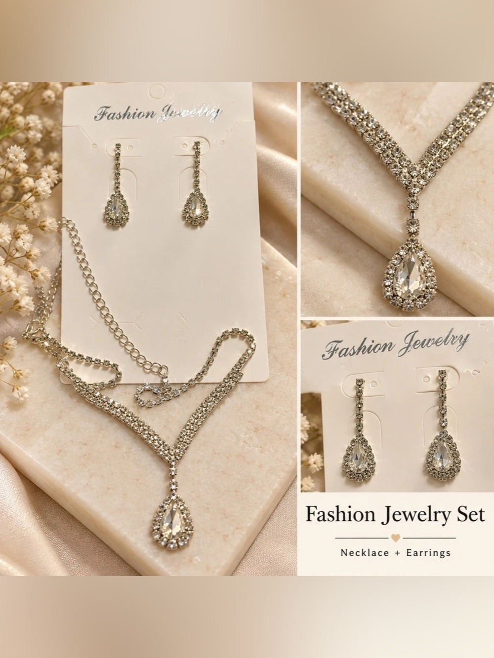 Rhinestone Necklace & Earrings Set in Silver NWT